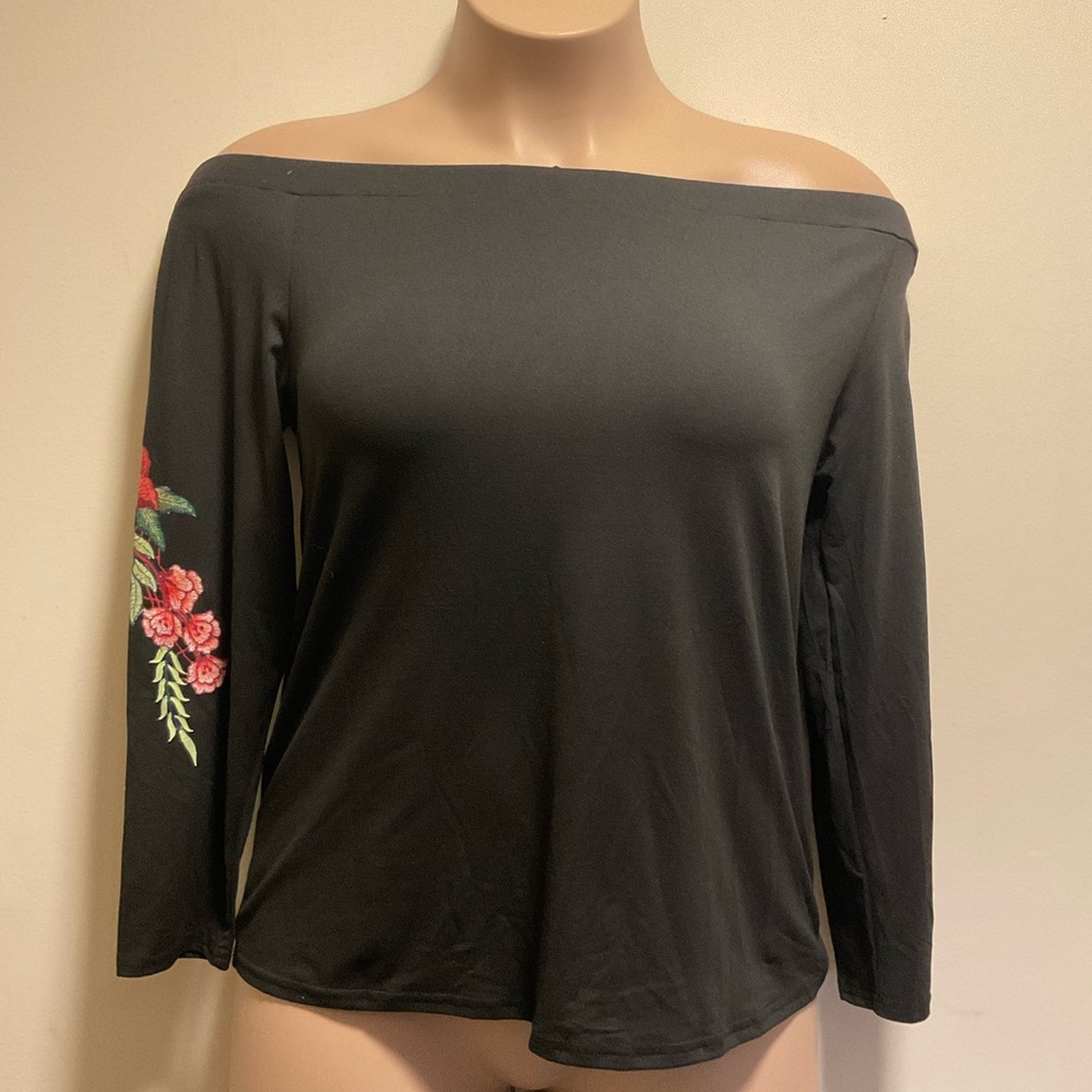 Black Long Sleeve Top with Flowers